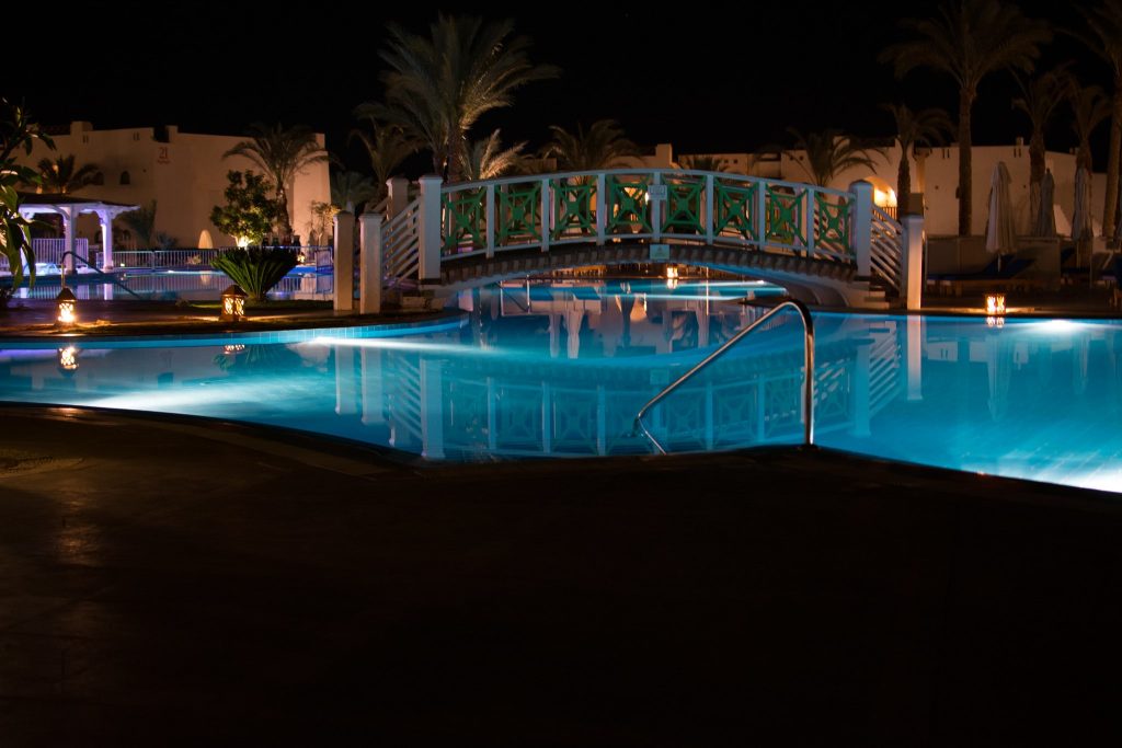 The Hilton Nubian swimming pool at night. 