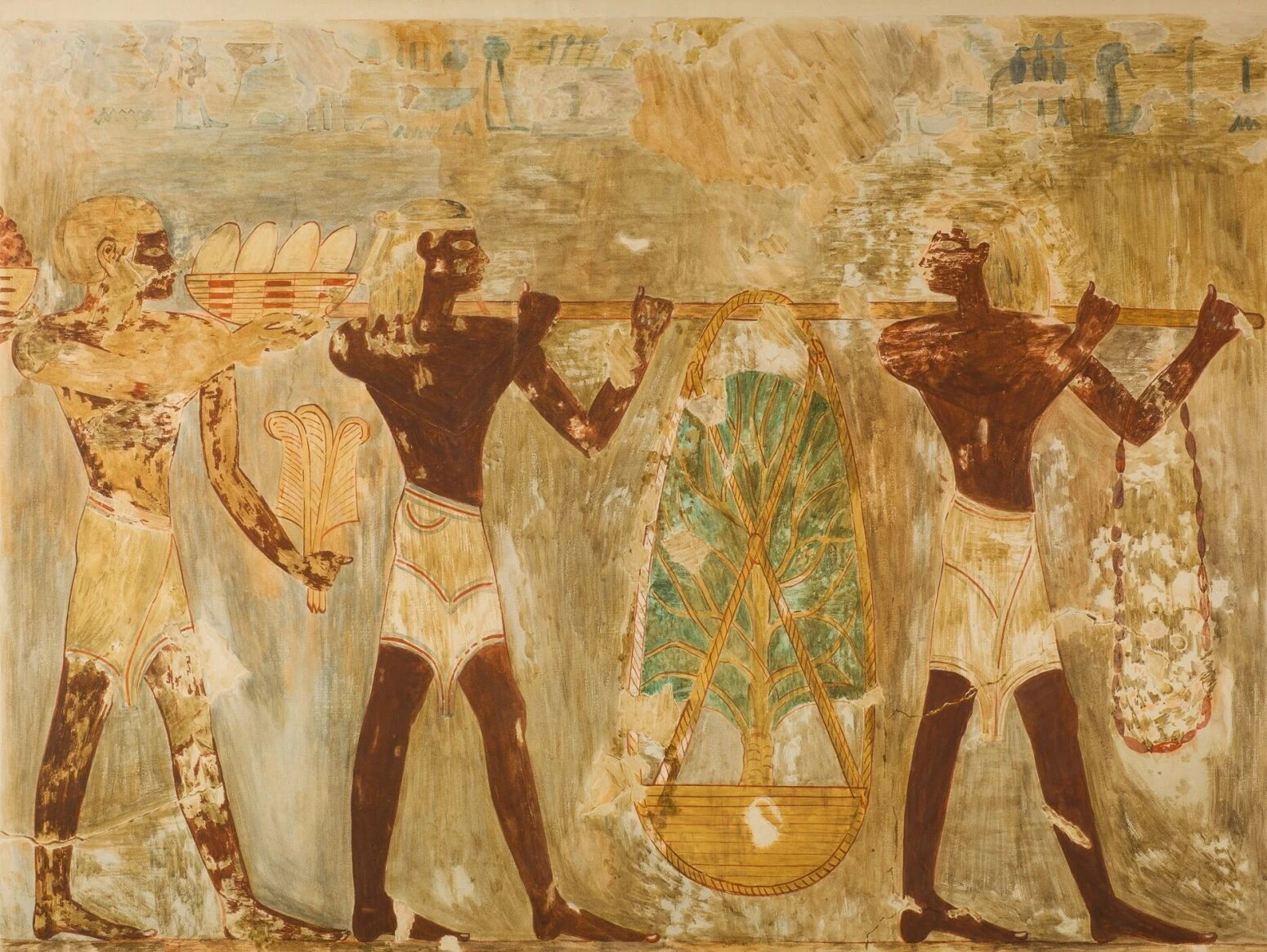 A facsimile by Nina M. Davies of a mural at the Tomb of Rekhmire depicting men returning from the Land of Punt with a live tree. 
Public Domain Dedication via Wikimedia Commons  