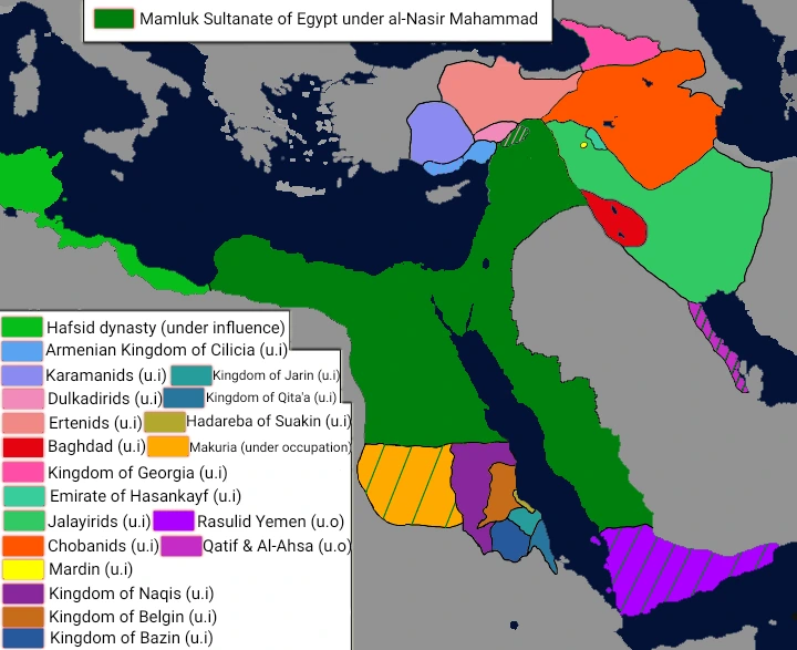Map of the Mamluk Sultanate c 1310-1341, showing approximate borders.  Map credit: 18Carlosx32 
CC BY 4.0 via Wikimedia Commons 