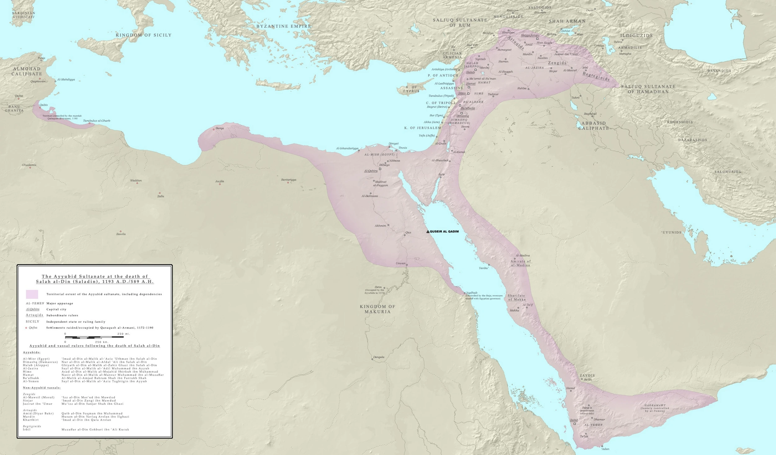Map of the Ayyubid Sultanate c 1193, modified to show location 
of Quseir al-Qadim. Map credit: Ro4444 via Wikimedia   