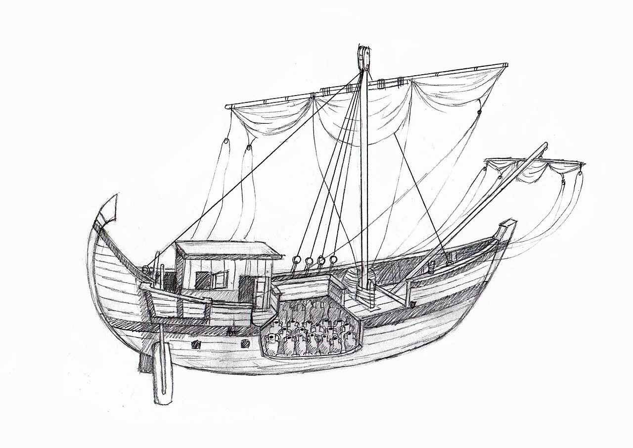 Diagram of a Roman trade ship typical of those that would have been using the port of Leucus Limen - The Roman name for El Quseir - 
Image Credit: Matthew Jose Fisher
CC BY-SA 4.0 - Wikimedia Commons.