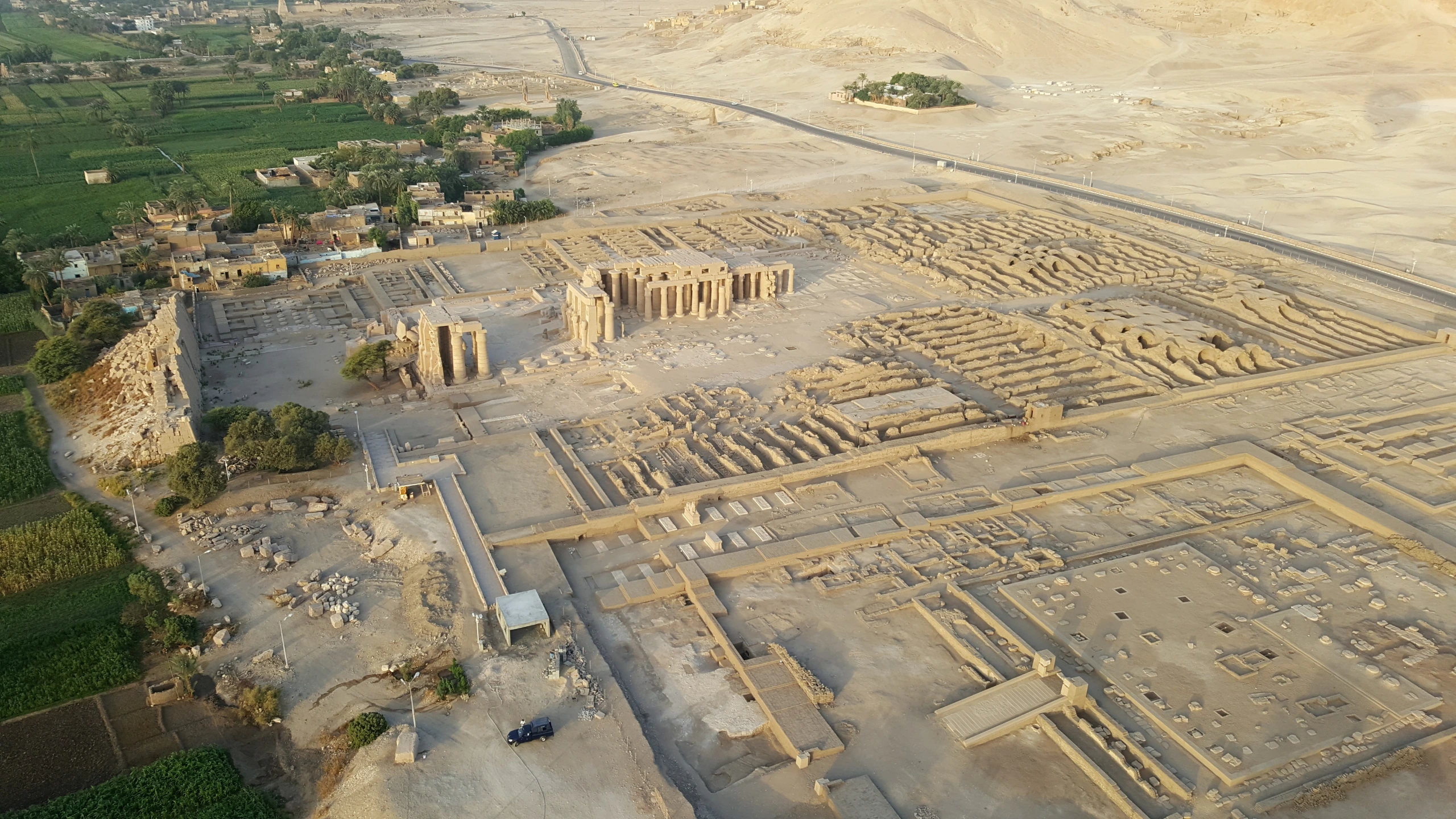 A balloon eye view of the Ramesseum -
The ruined mortuary temple of Ramses II,
once filled with colossal statues and epic inscriptions.
Photo credit: Ovedc CC BY-SA 4.0 via Wikimedia