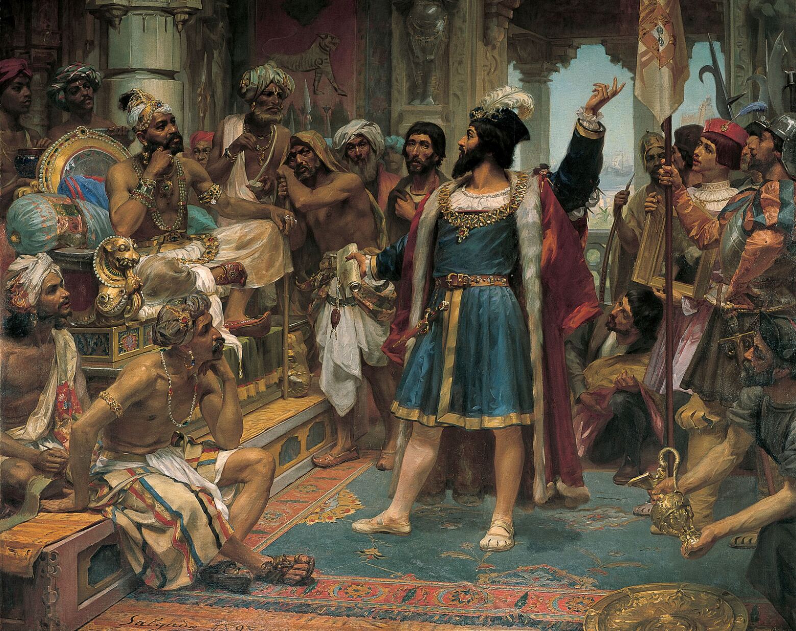 Quseir al-Qadim suffered another setback to its trade when the Portuguese explorer and nobleman Vasco da Gama led an expedition which discovered the alternative Cape route to India. Painting of Vasco da Gama's reception at Calicut, India. Painting by Veloso Salgado Public Domain via Wikimedia Commons