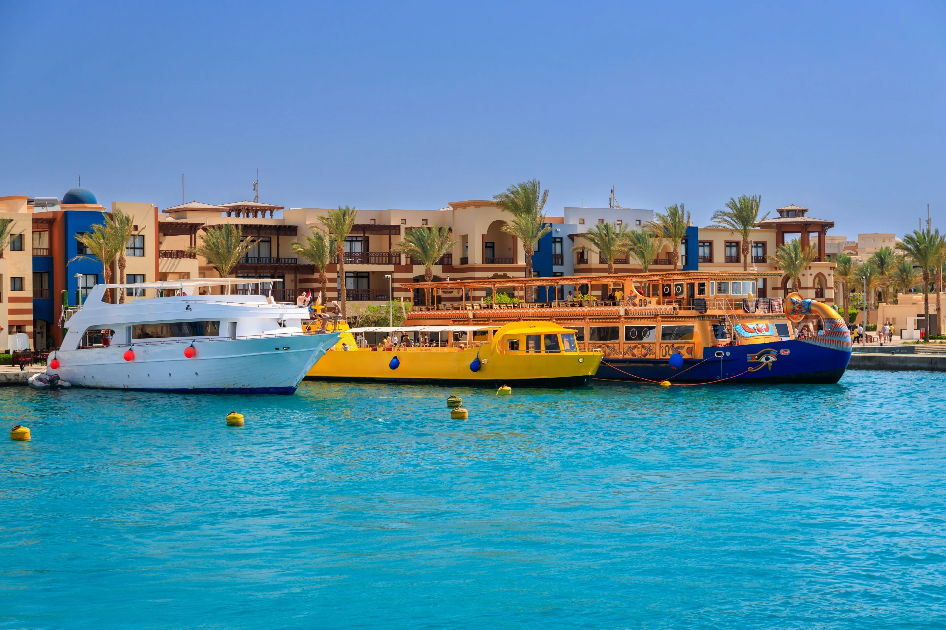 The Royal Seascope semi-submarine (yellow) & Nefertari semi-submarine (right) moored at Port Ghalib
Photo: Patryk Kosmider/Shutterstock