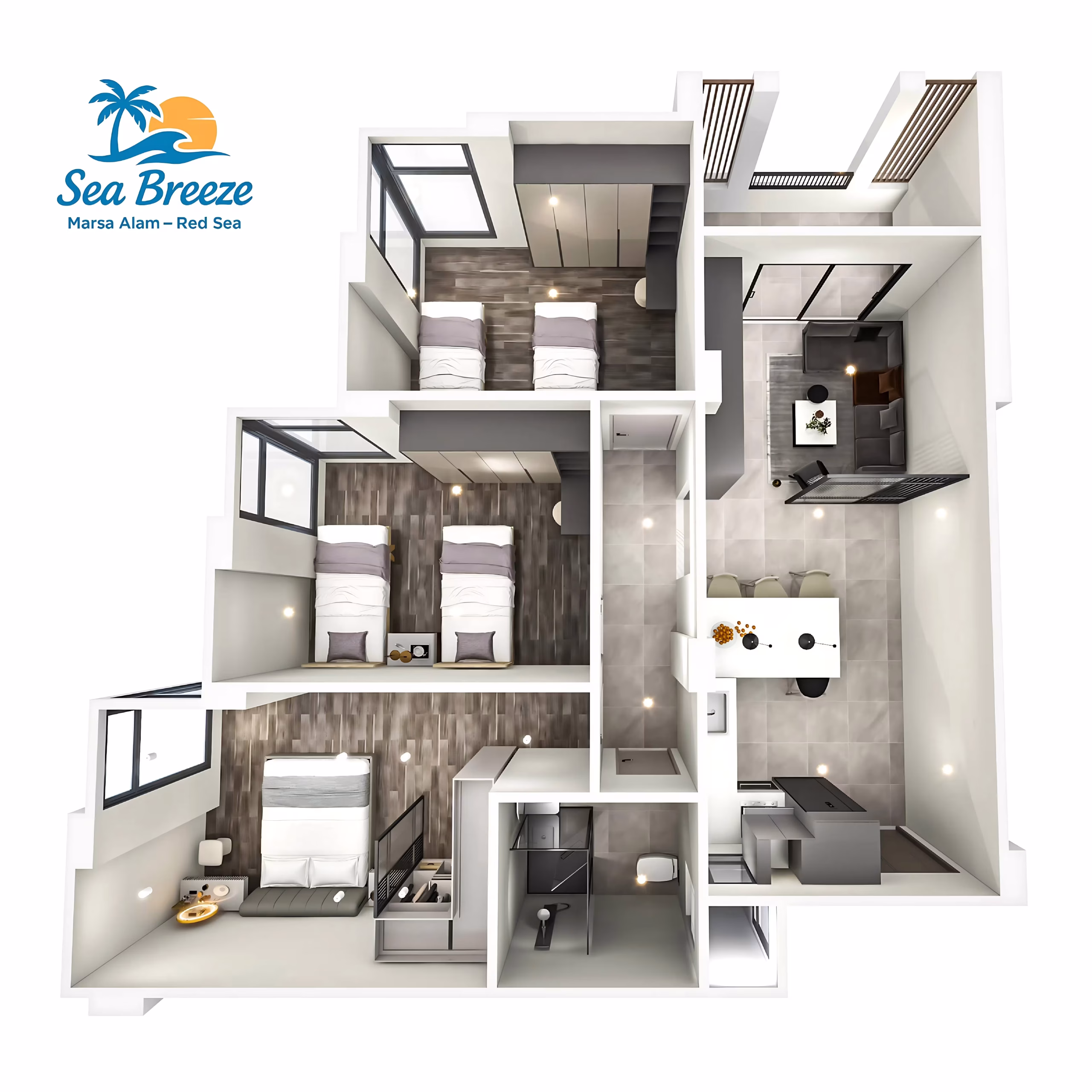 A 3D plan of the three bed apartments available at Sea Breeze, Port Ghalib. 