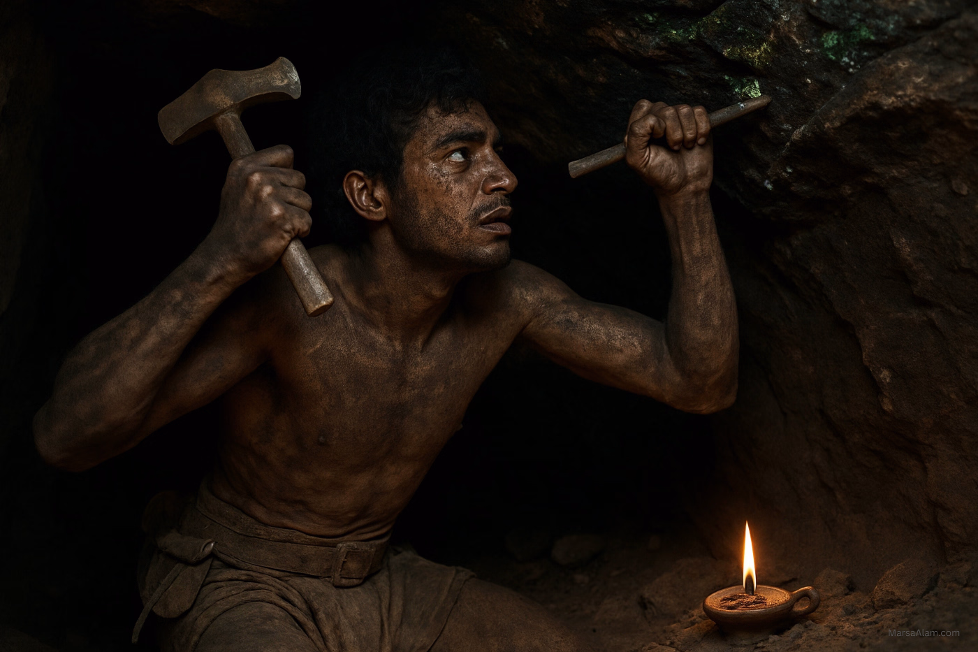 Miner works with axe and chisel. 
Image: MarsaAlam.com AI gen.