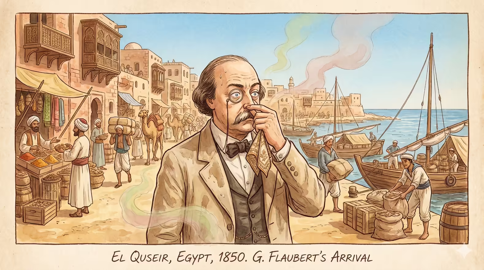 Gustave Flaubert holds his nose while walking near El Quseir harbour. MarsaAlam.com: AI gen using Google Gemini