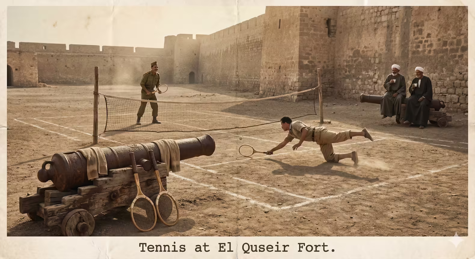 Tennis at El Quseir Fort.  MarsaAlam.com: AI generated using Google Gemini Nano Banana Pro. 