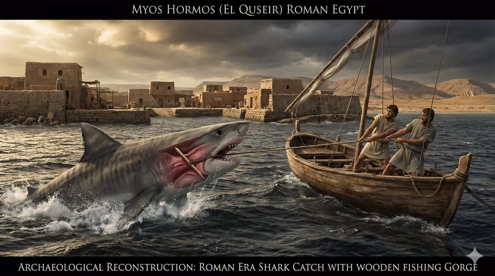 Image showing archaeological reconstruction of a shark catch near Myos Hormos (El Quseir) with a Roman era fishing gorge. 