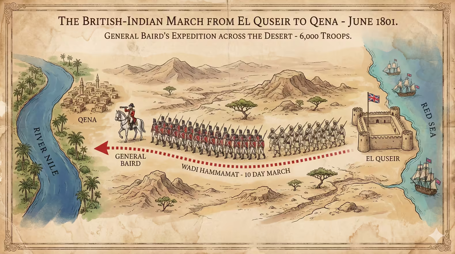 Infographic illustrating General Baird's march from El Quseir to Qena in June 1801. 