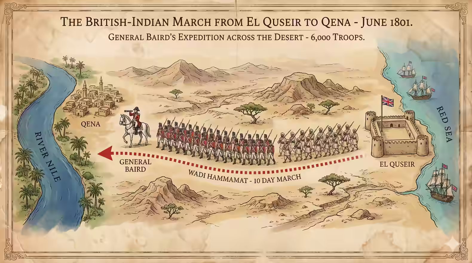 Infographic showing the British-Indian March from El Quseir to Qena - June 1801. Image: MarsaAlam.com Ai gen using Google Gemini. 