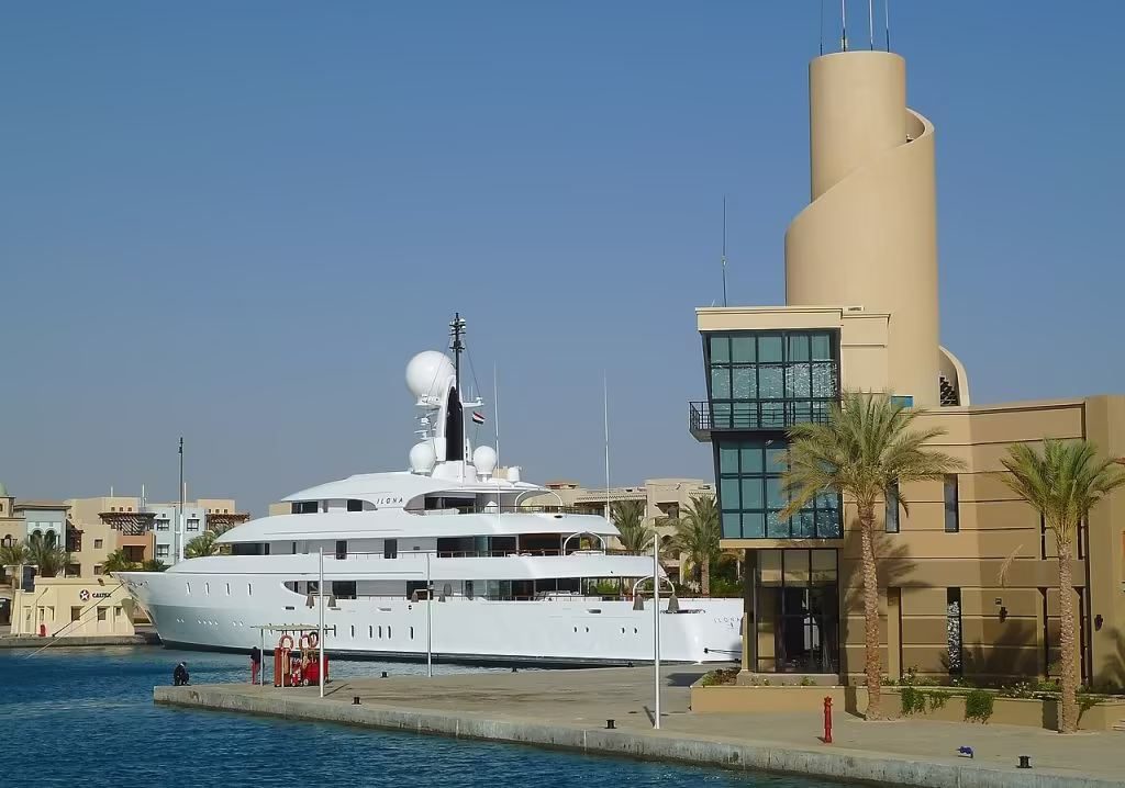 The 82m $100million Ilona superyacht moored at Port Ghalib-
The yacht can accommodate 18 guests with 6 suites and up to 28 crew.
Photo - Jacek Lesniowski -CC BY-SA 3.0 - via Wikimedia Commons