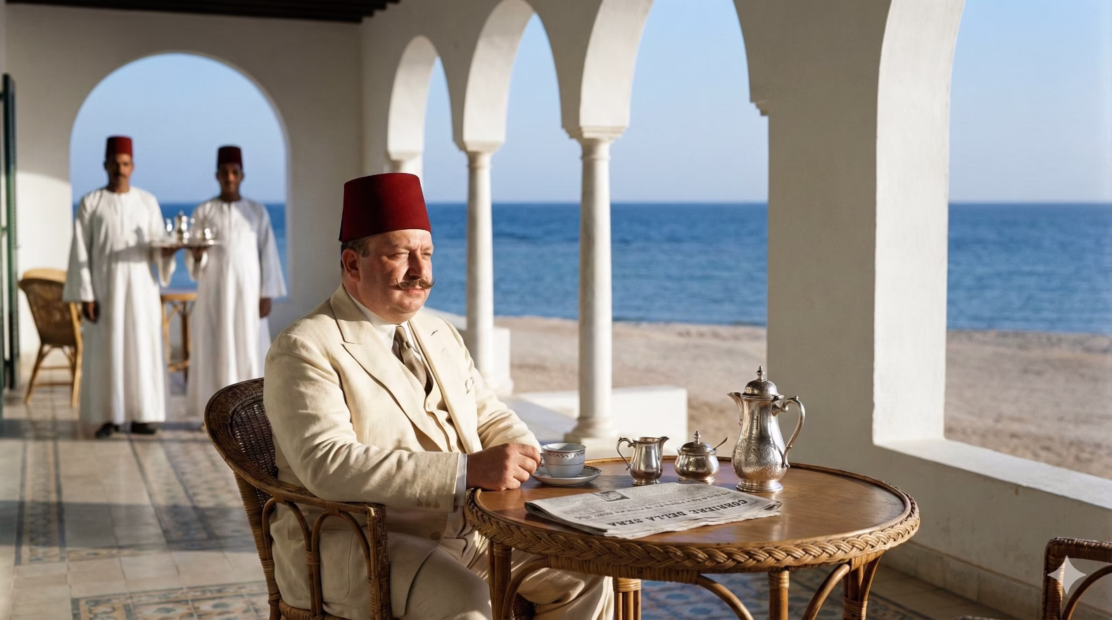 The king relaxes at the Phosphate Company's Rest House. 
MarsaAlam.com AI gen using Google Gemini AI