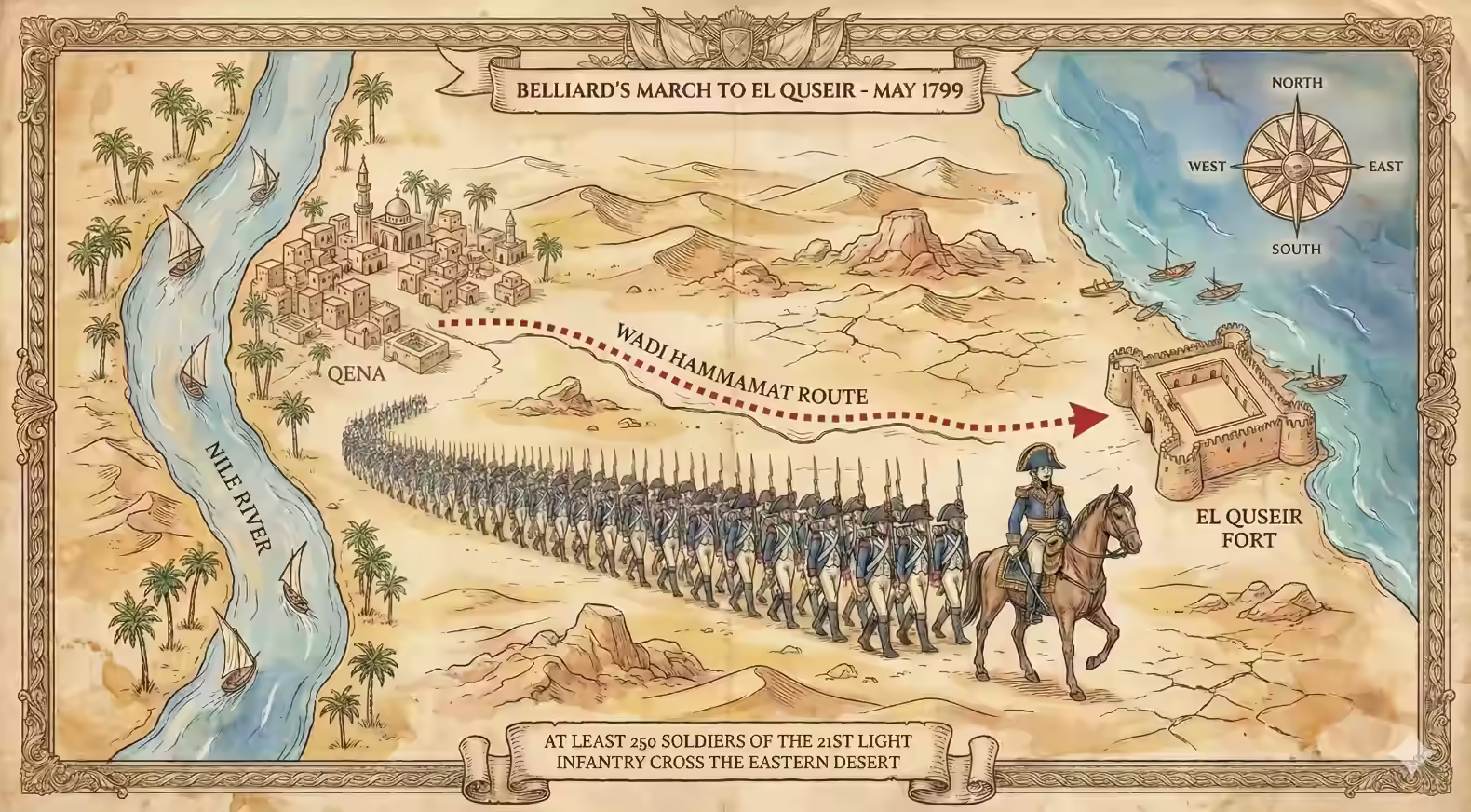 Pictorial map of General Belliard' March to El Quseir - May 1799