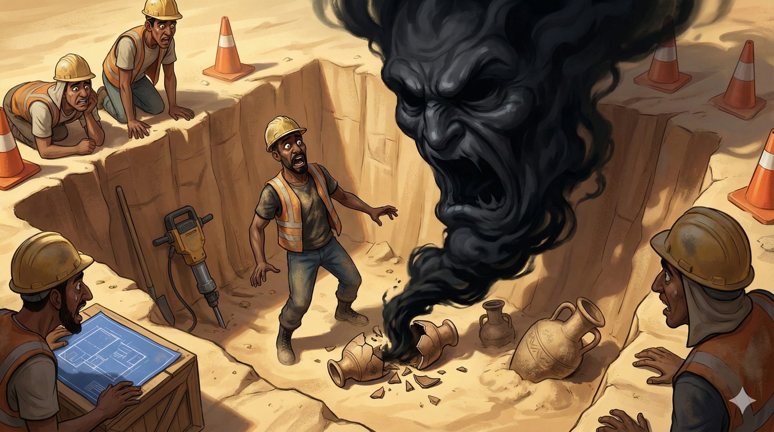 An illustration of the story of the pharaonic curse from the broken amphora jars.  